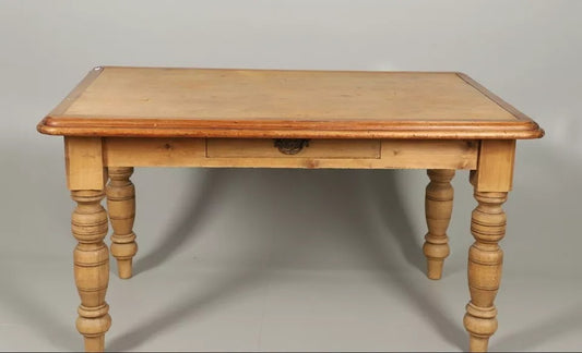 Stripped Pine Farmhouse Table Side Drawer Moulded Edges Stood On Turned Legs